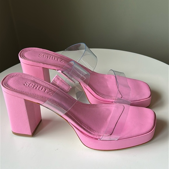 Schutz Ariella Pink Rosa PVC Block Heel Y2K Sandal Open Toe Clear Straps New - Picture 4 of 17